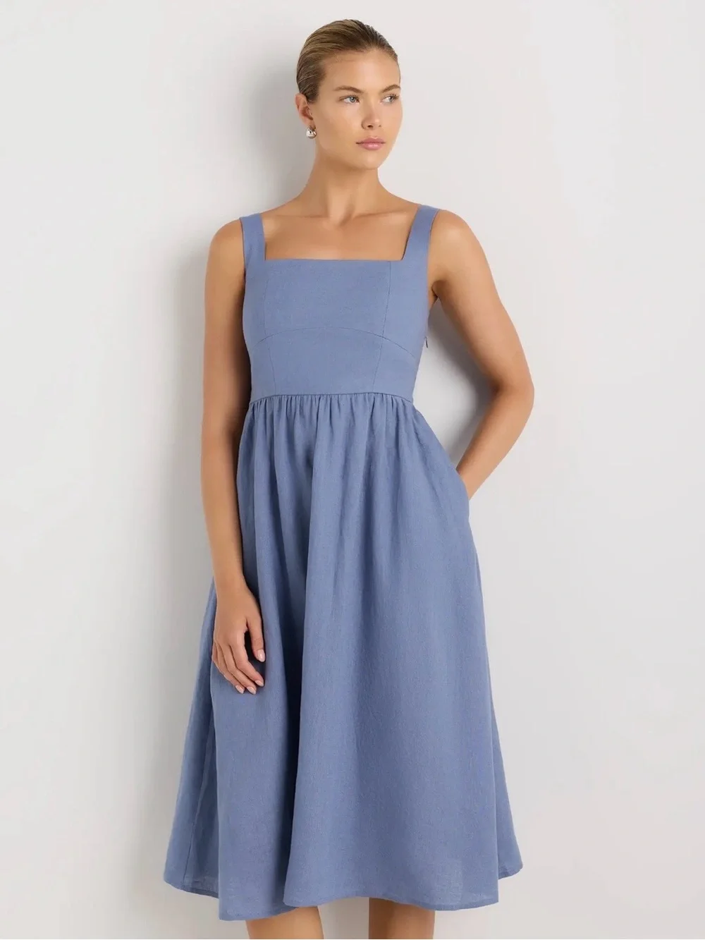 Quince Dusty Blue 100% European Linen Fit & Flare Midi Dress - Picture 2 of 7